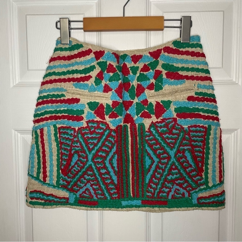 Gryphon Silk Bohemian Embroidered Art to Wear Mini Skirt Small
